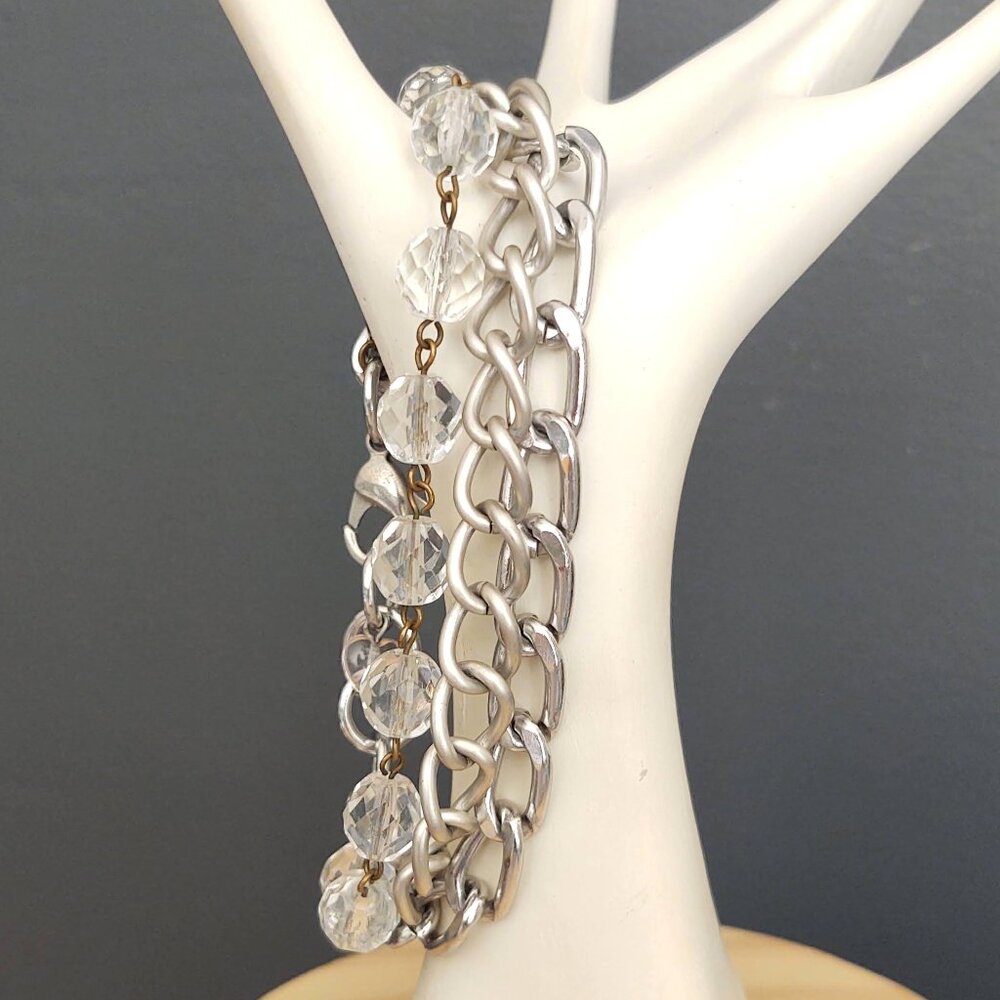 3 strand faceted round glass bead and silver chain bracelet
